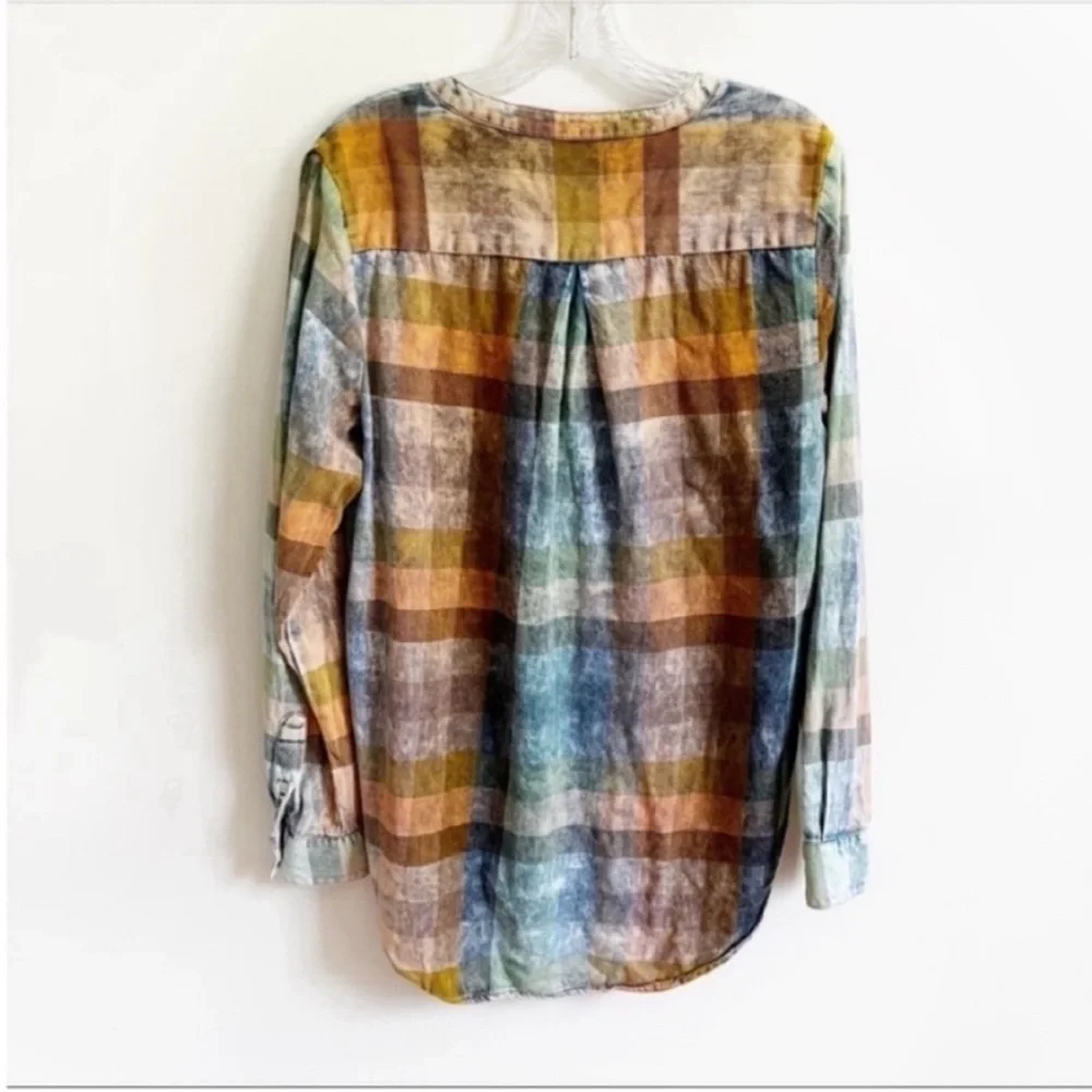 Anthropologie Isabella Sinclair Ruffled Plaid Henley shirt blue orange popover - Picture 11 of 11